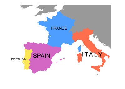 Italy, France, Spain and Portugal - Highlighted on the map of Europe.