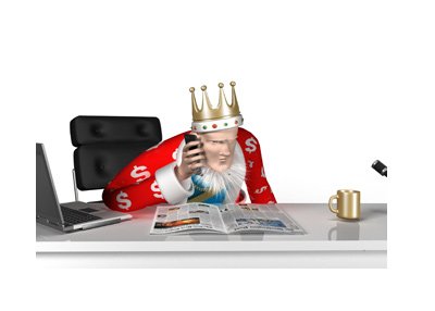 The King is on his mobile phone, while reading the morning papers.
The setting is his office.